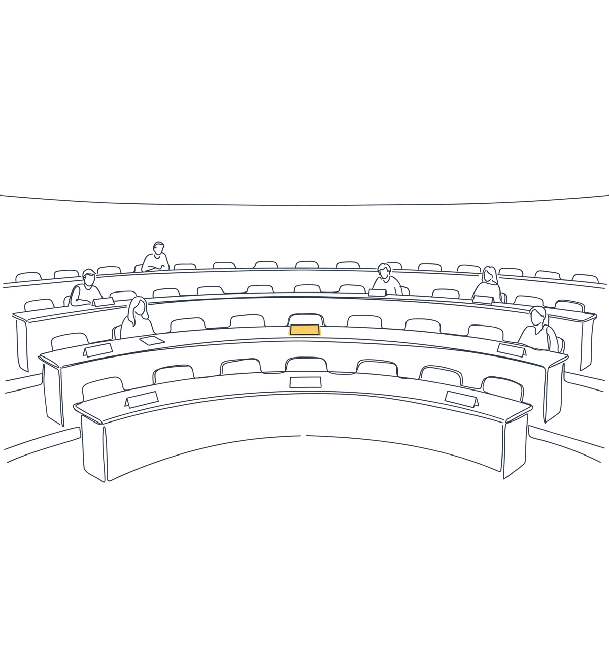 The tiered ISB lecture hall in line art — one name card lit up