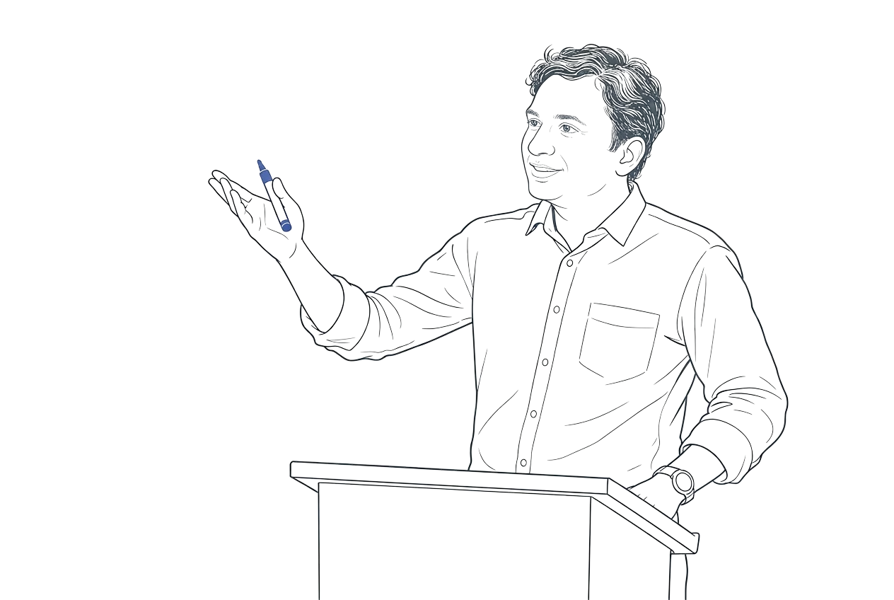 Prof. Tantri, drawn in a single line, mid-question at the lectern