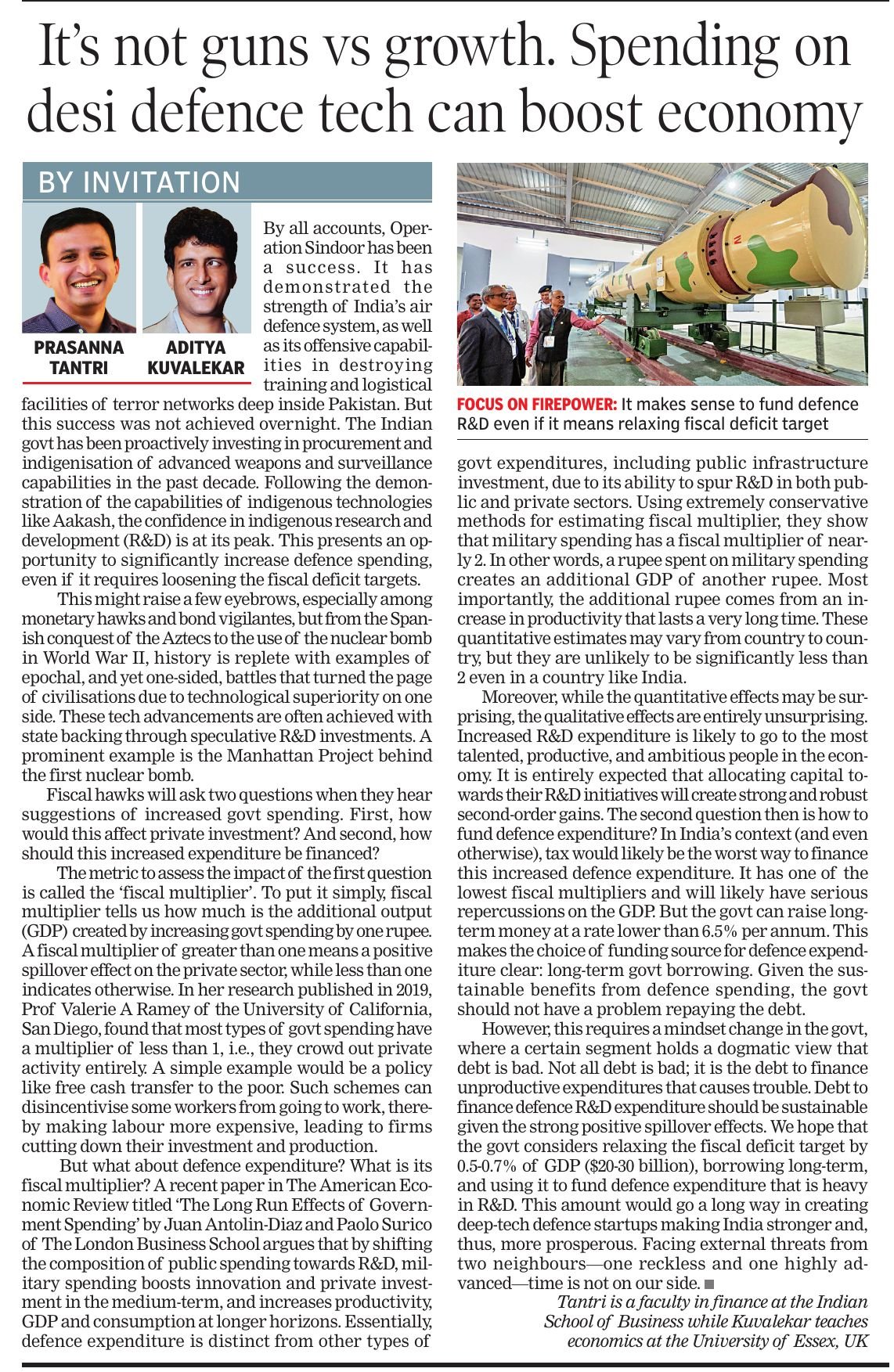 Clipping — Spending on desi defence tech can boost economy