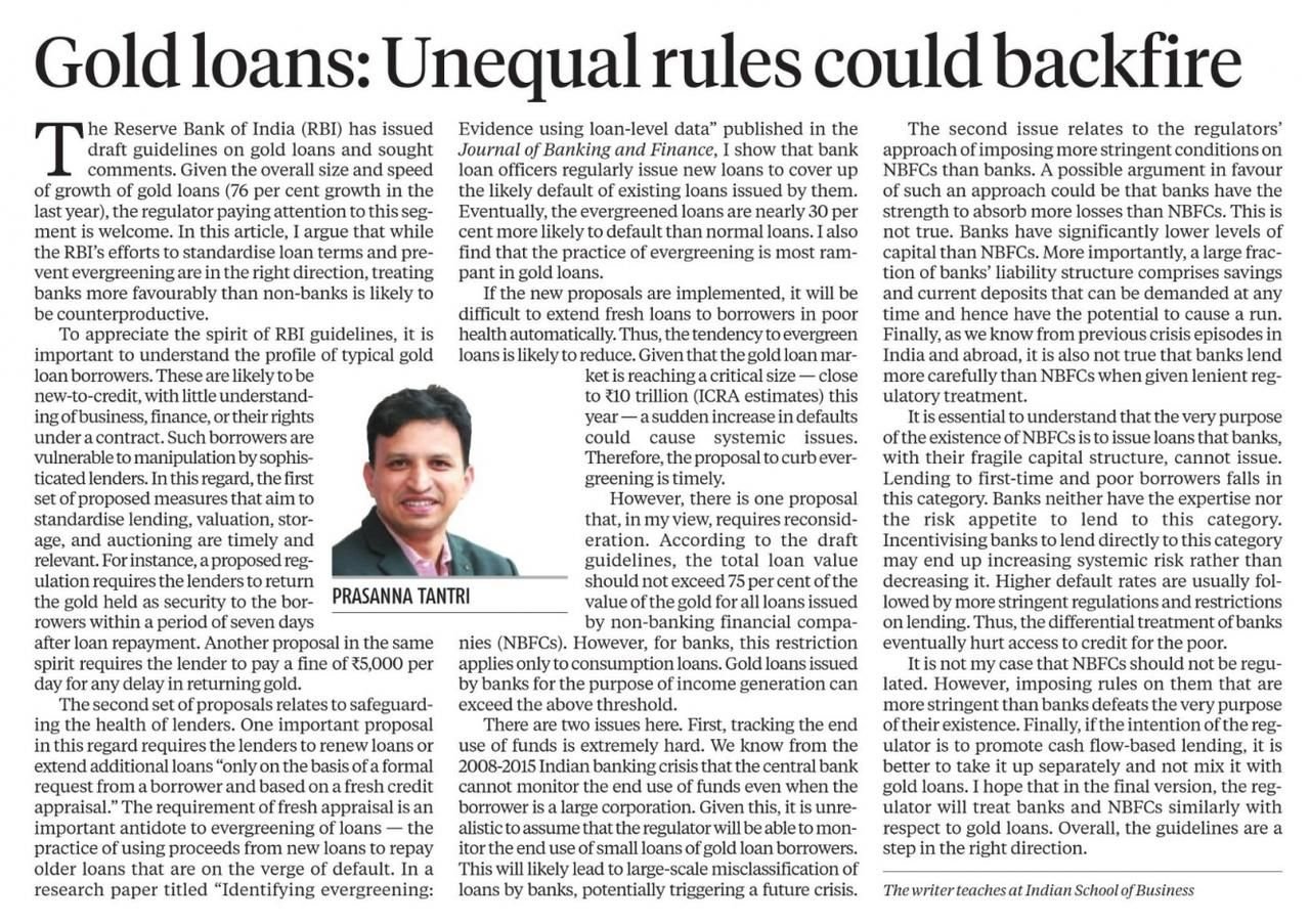 Clipping — Gold loans: Unequal rules could backfire