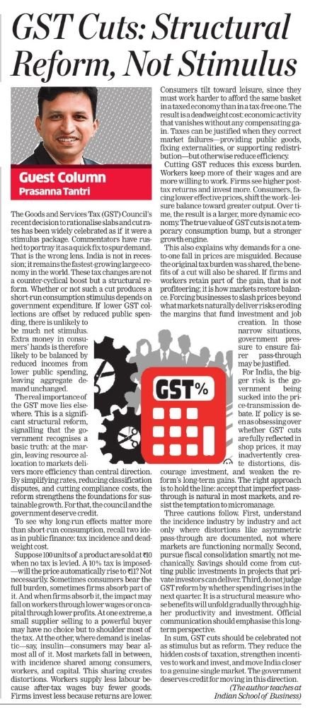Guest column clipping — GST Cuts: Structural Reform, Not Stimulus