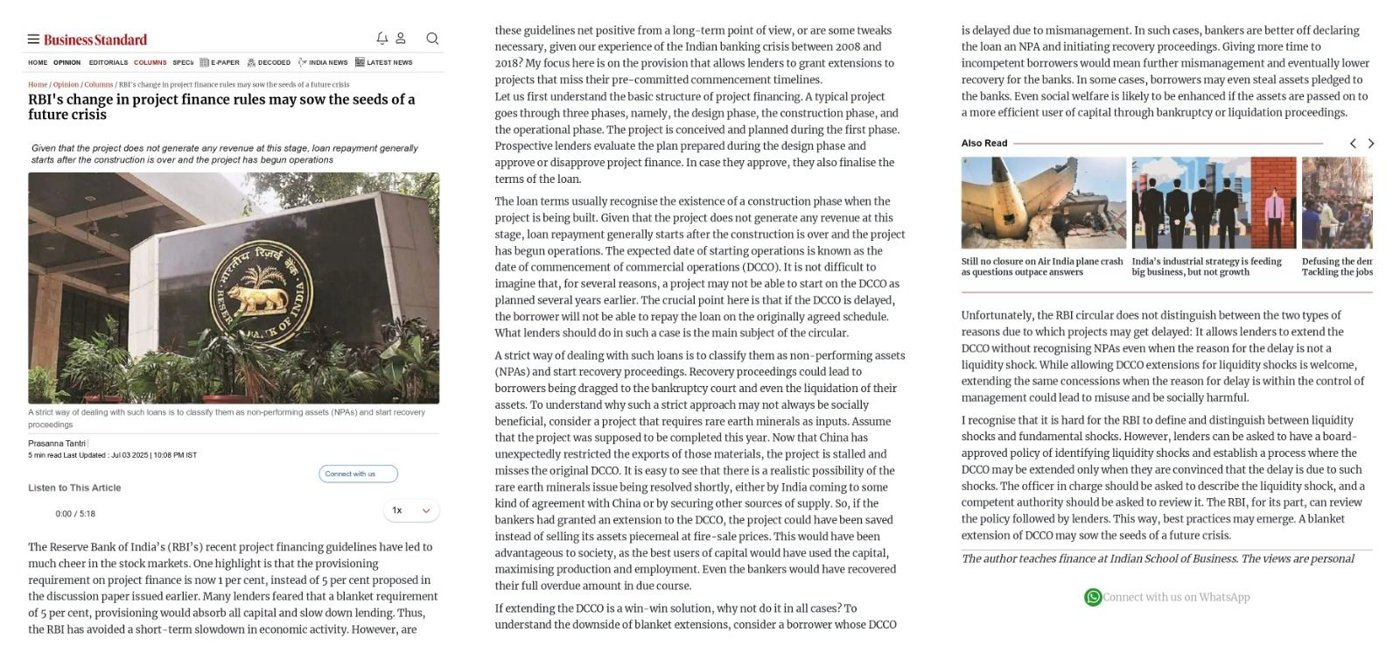 Business Standard online — RBI's change in project finance rules may sow the seeds of a future crisis