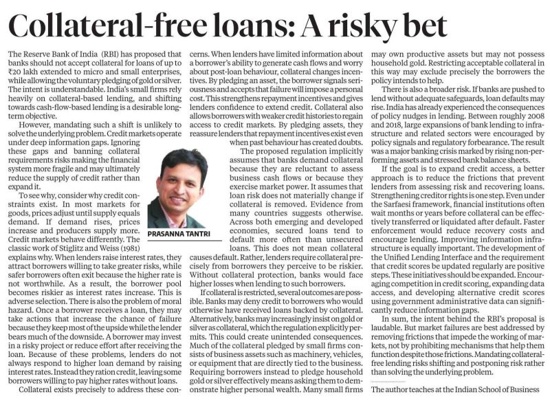 Business Standard clipping — Collateral-free loans: A risky bet